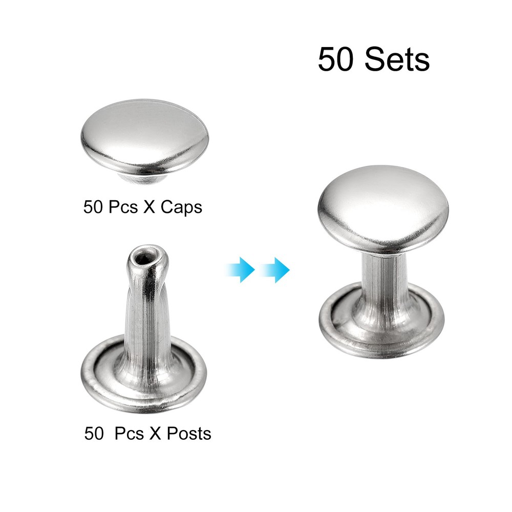 50 Sets Leather Rivets, 8mm Double Cap Rivets 10mm Height Studs, Silver Tone