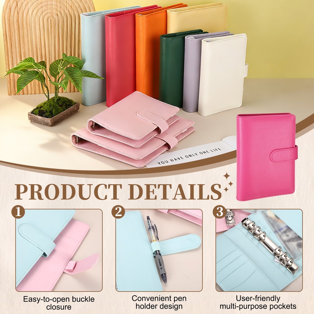 A6 PU Leather Binder Protector, 6 Ring Loose Leaf Notebook Shell, Rose Red