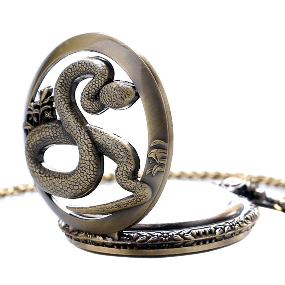 Vintage Quartz Pocket Watch 3D Snake Display Bronze Analog with Sweater Chain