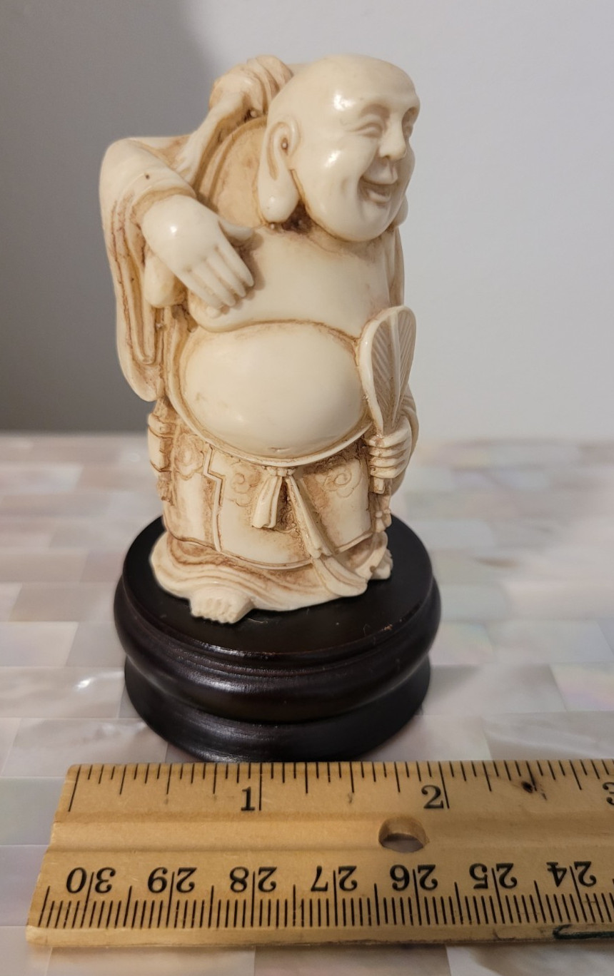 Vintage Japanese Carved Happy Buddha Figurine on Wood Stand 3-3/4" tall