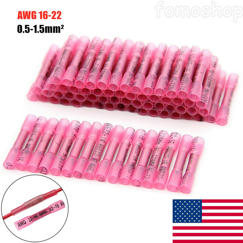 300Pcs Red Heat Shrink Butt Wire Connectors Crimp Terminals AWG 16-22 Gauge US