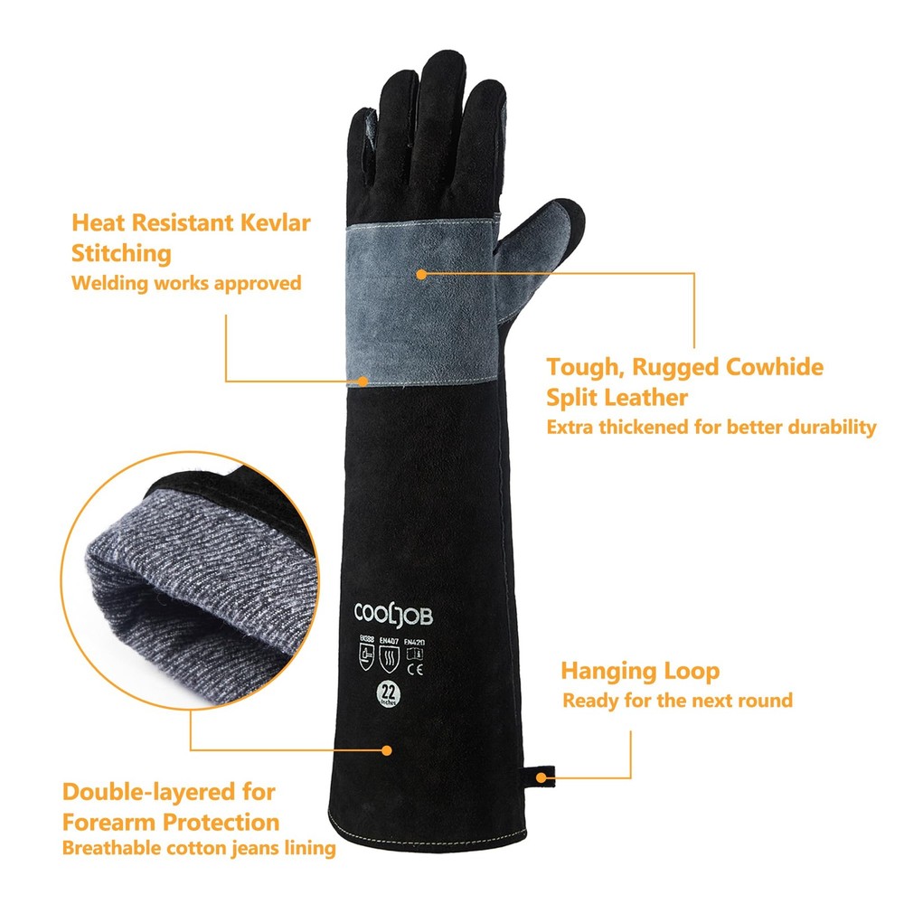 Cowhide Split Leather Bite Proof Gloves for Animal Handling, Reinforced Thorn...