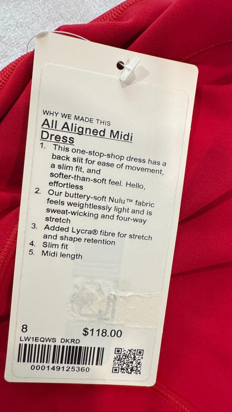 NWT Lululemon All Aligned Midi Dress DKRD Dark Red Size 8