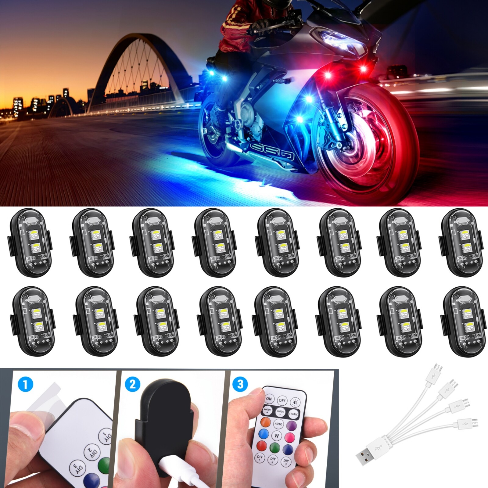 16 PCS Wireless LED Strobe Lights 8 Colors USB Rechargeable Anti-Collision Lamps
