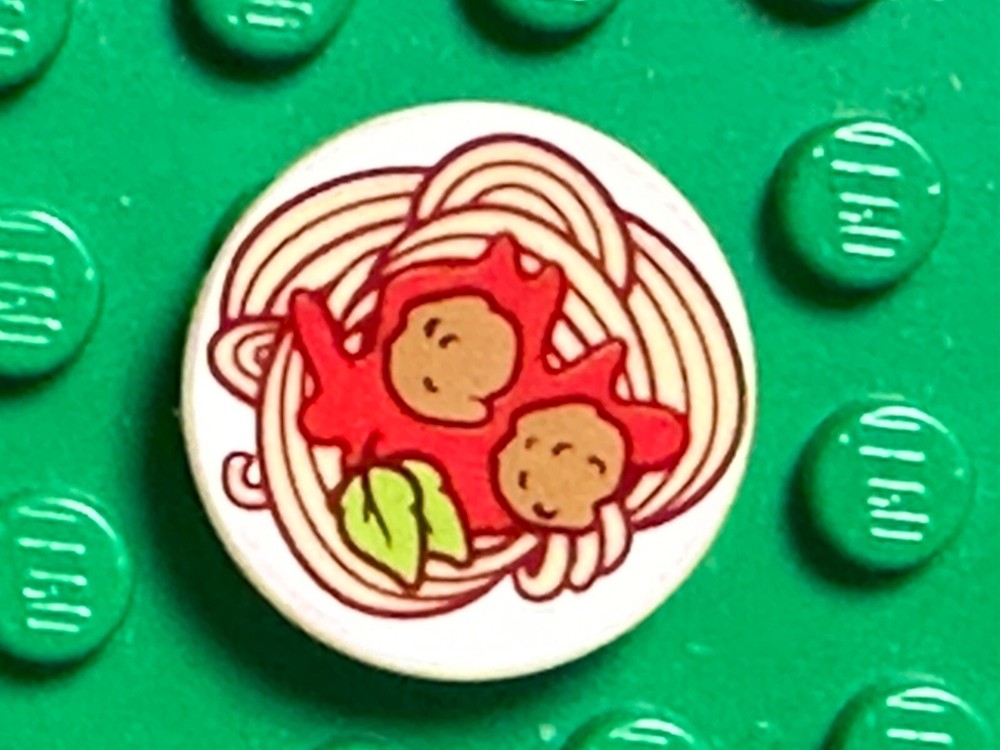 Lego Tile Round 2x2 With Bottom Stud Holder With Spaghetti Meatball Pattern