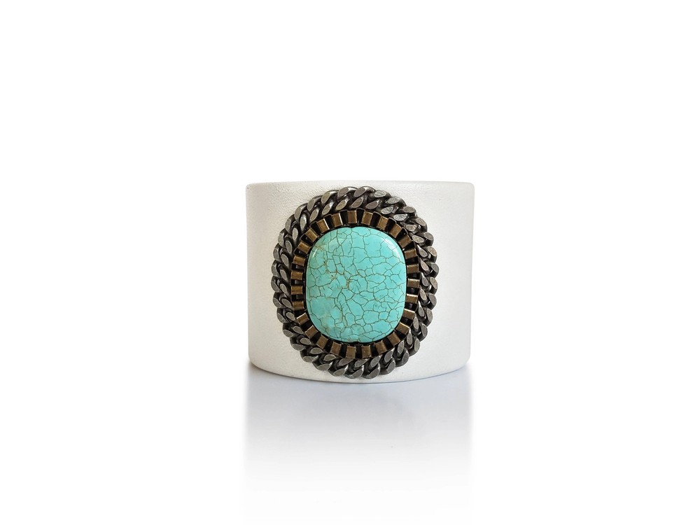 Turquoise Full Moon White Leather Cuff