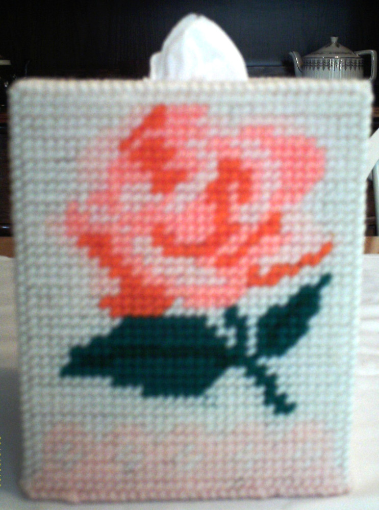 "Peach Rose" Tissue Box Cover (Plastic & Yarn) Finished
