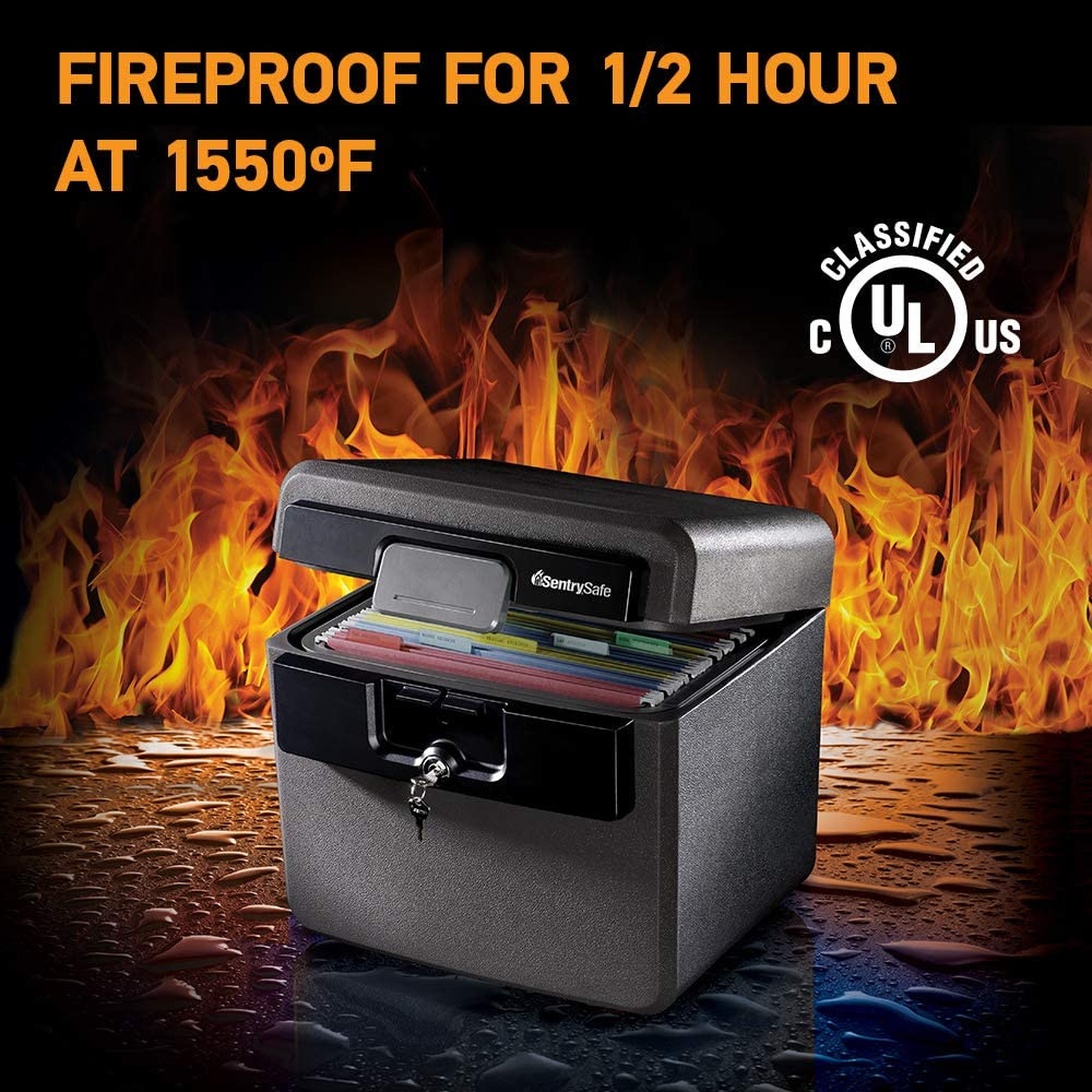 Black Fireproof and Waterproof Safe, File Folder and Document Box with Key Lock,