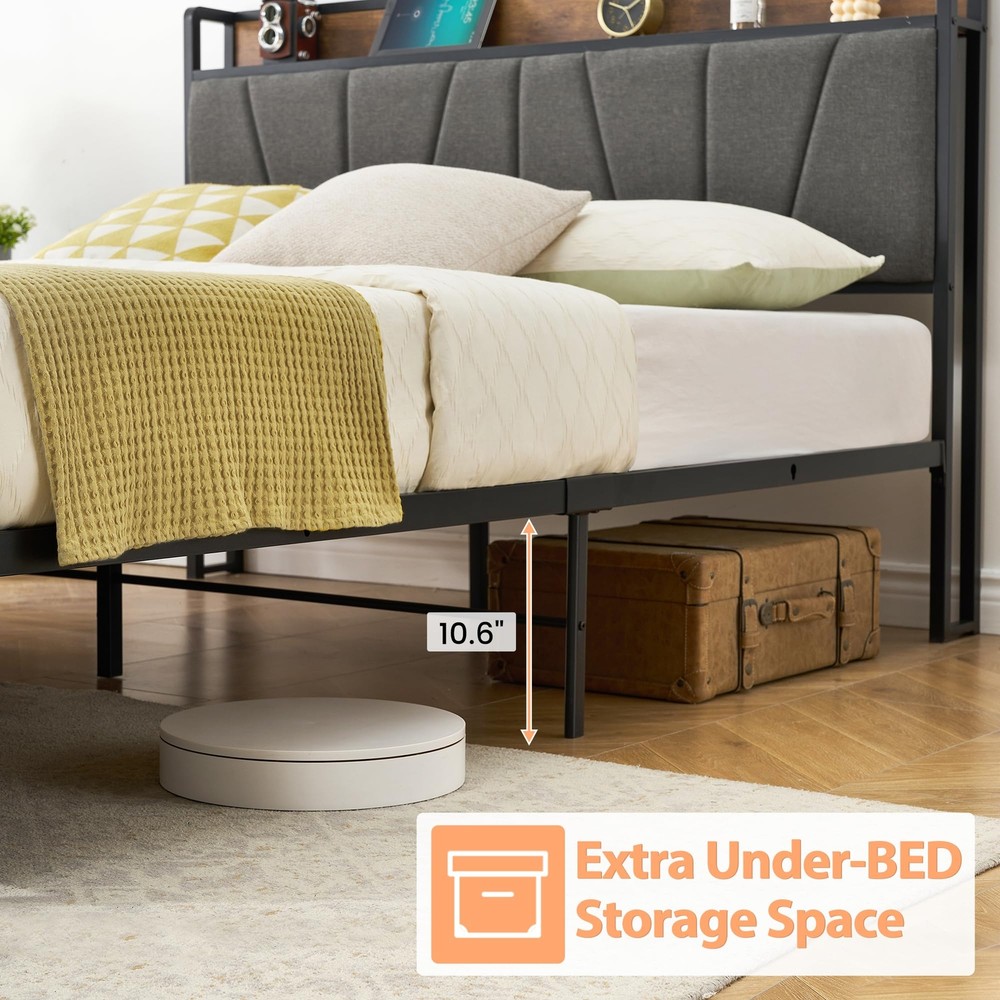 Queen Size Bed Frame Headboard Platform Bed Frame w/Drawers & Charging Station