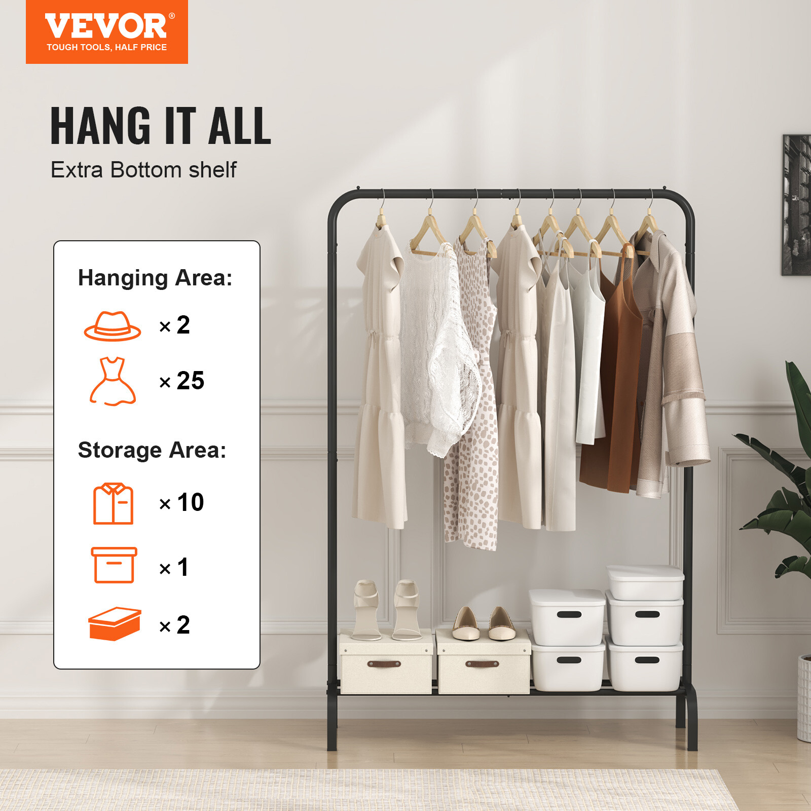 VEVOR Clothes Rack Heavy Duty Clothing Garment Rack with Hanging Rod Bedroom