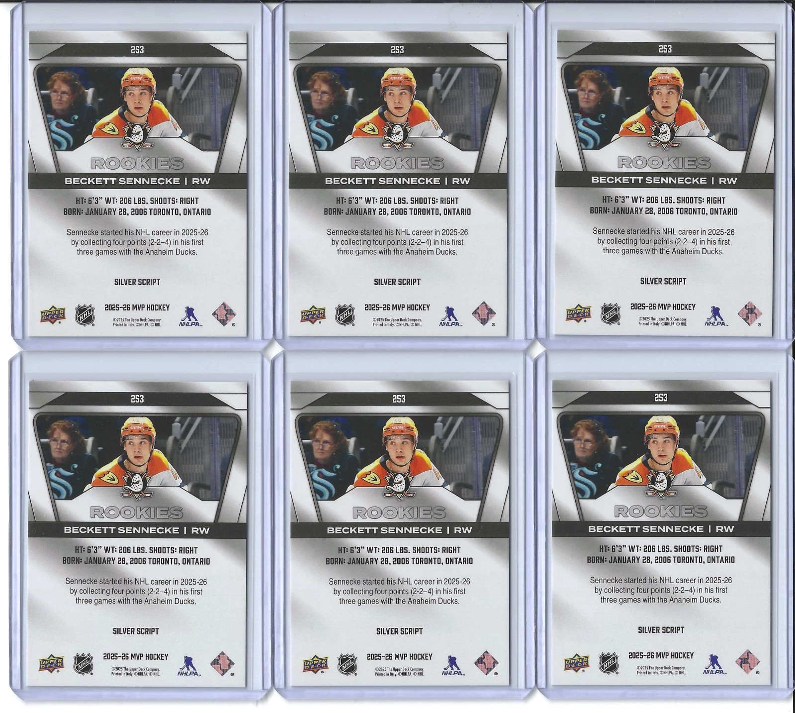 2025-26 UD MVP SILVER COLLECTION #253 BECKETT SENNECKE RC SSPS x6 SILVER SCRIPT