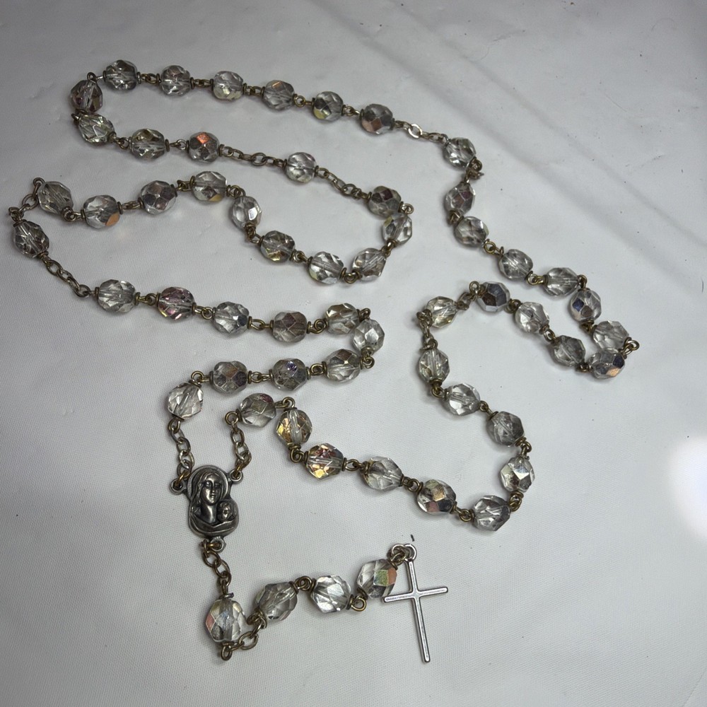 Signed Italy Silver Tone and Clear Beads Rosay