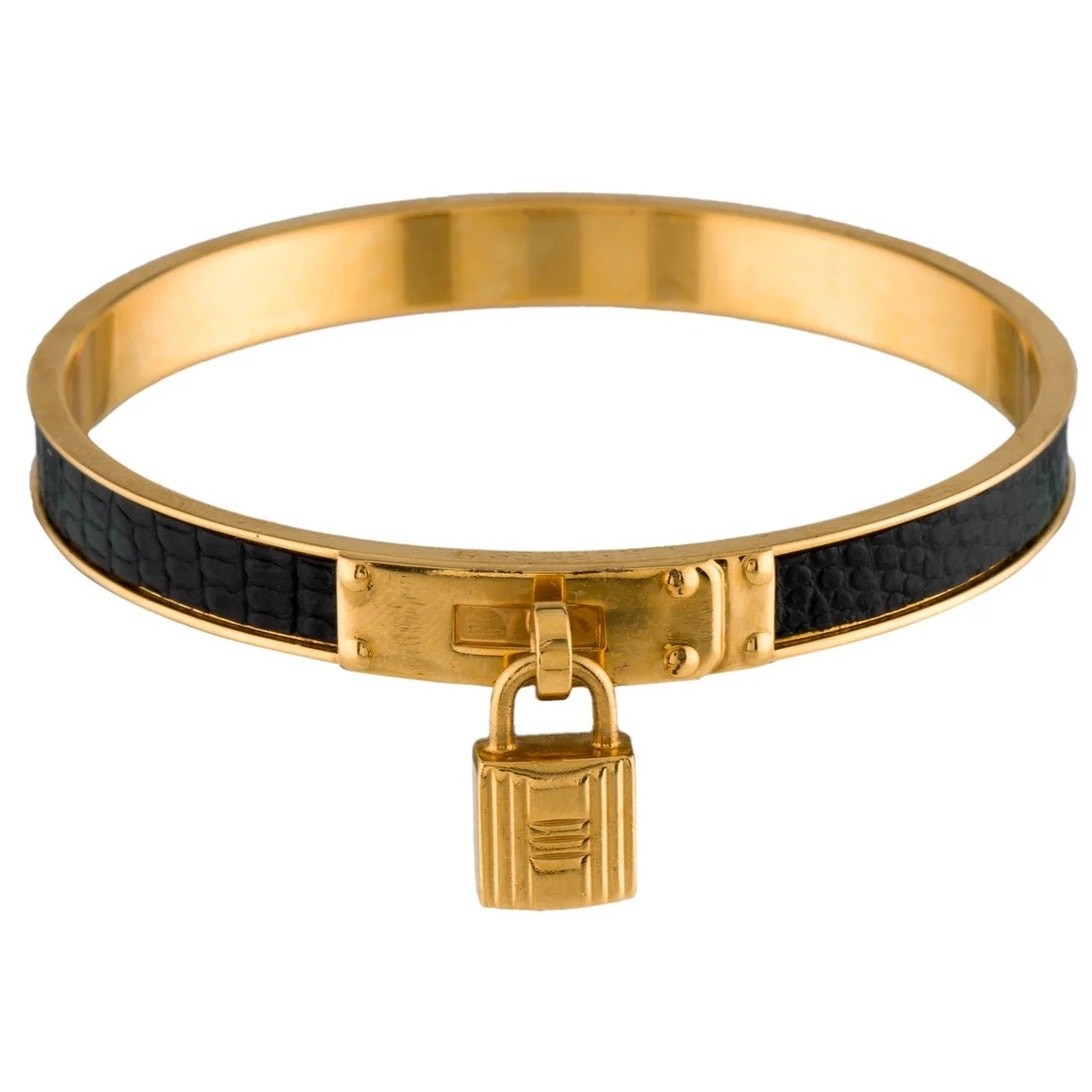 105. Hermes Lizard Kelly Lock Black & Gold Bangle