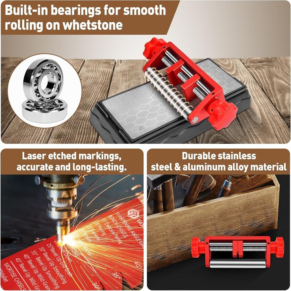 Chisel Sharpening System with Adjustable Jaws and Angle Fixture for Consistency