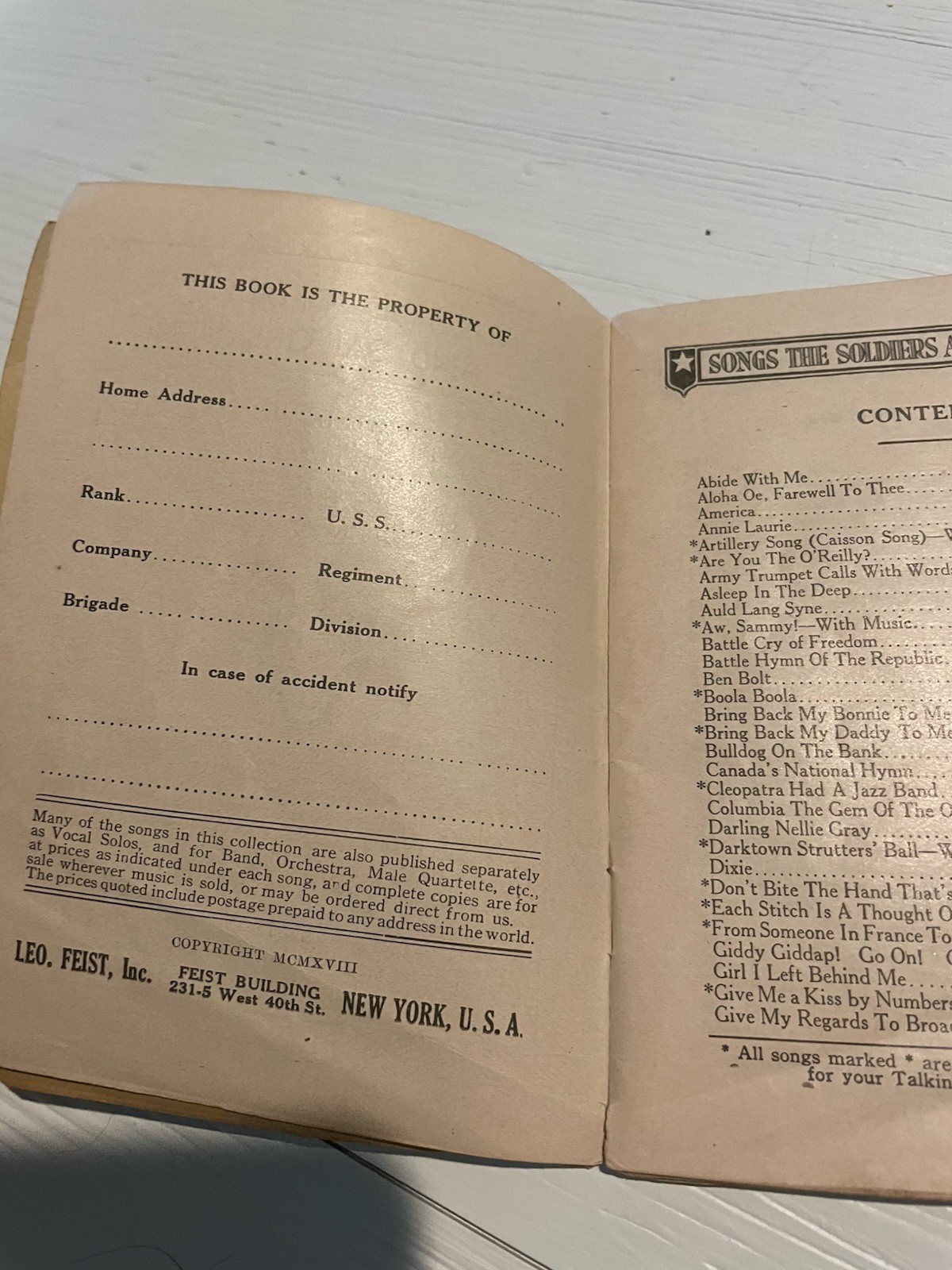 1918 Songs The Soldiers and Sailors Sing World War 1