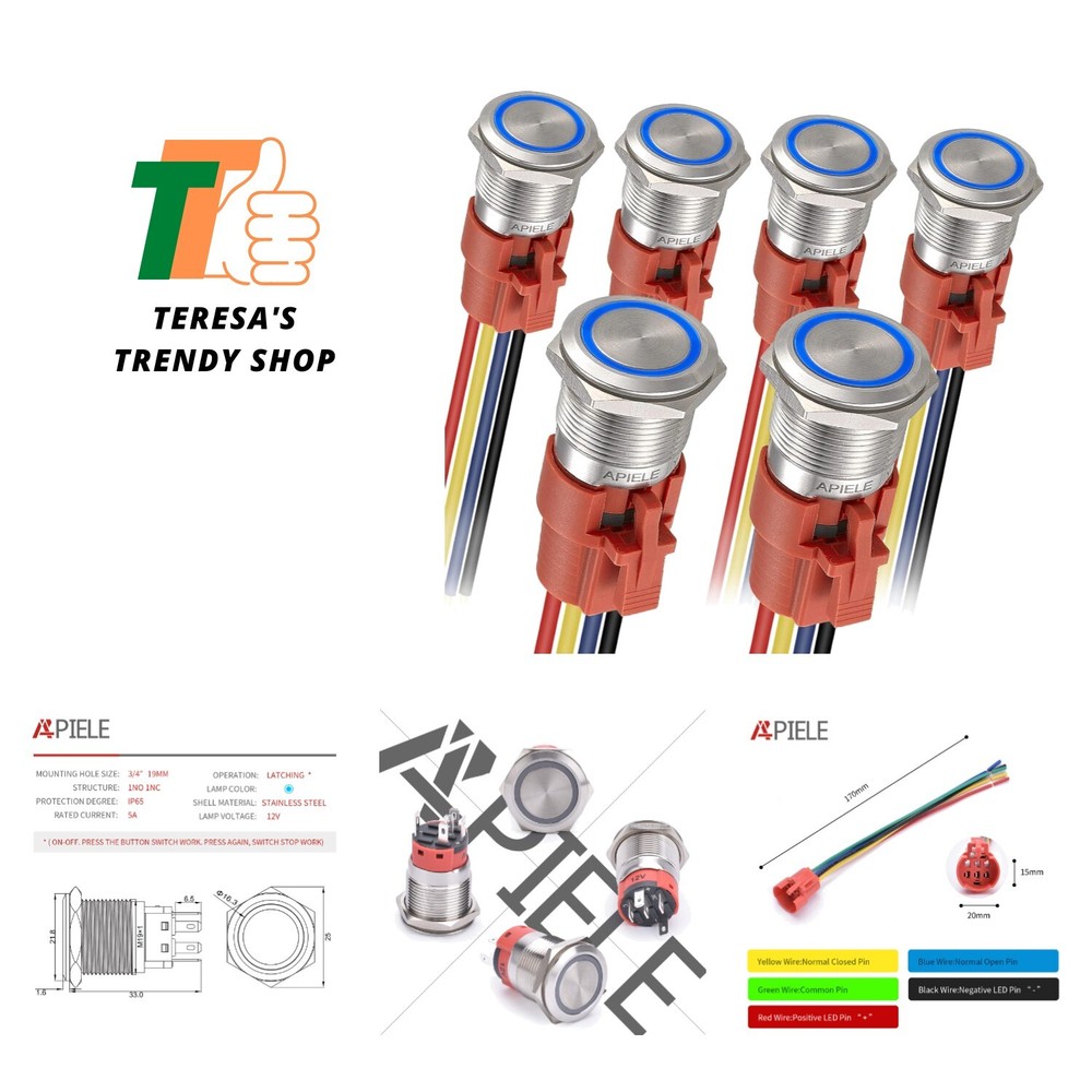 LED-Powered 19mm Latching Push Button Switch - SPDT,  Waterproof, 6 Pack