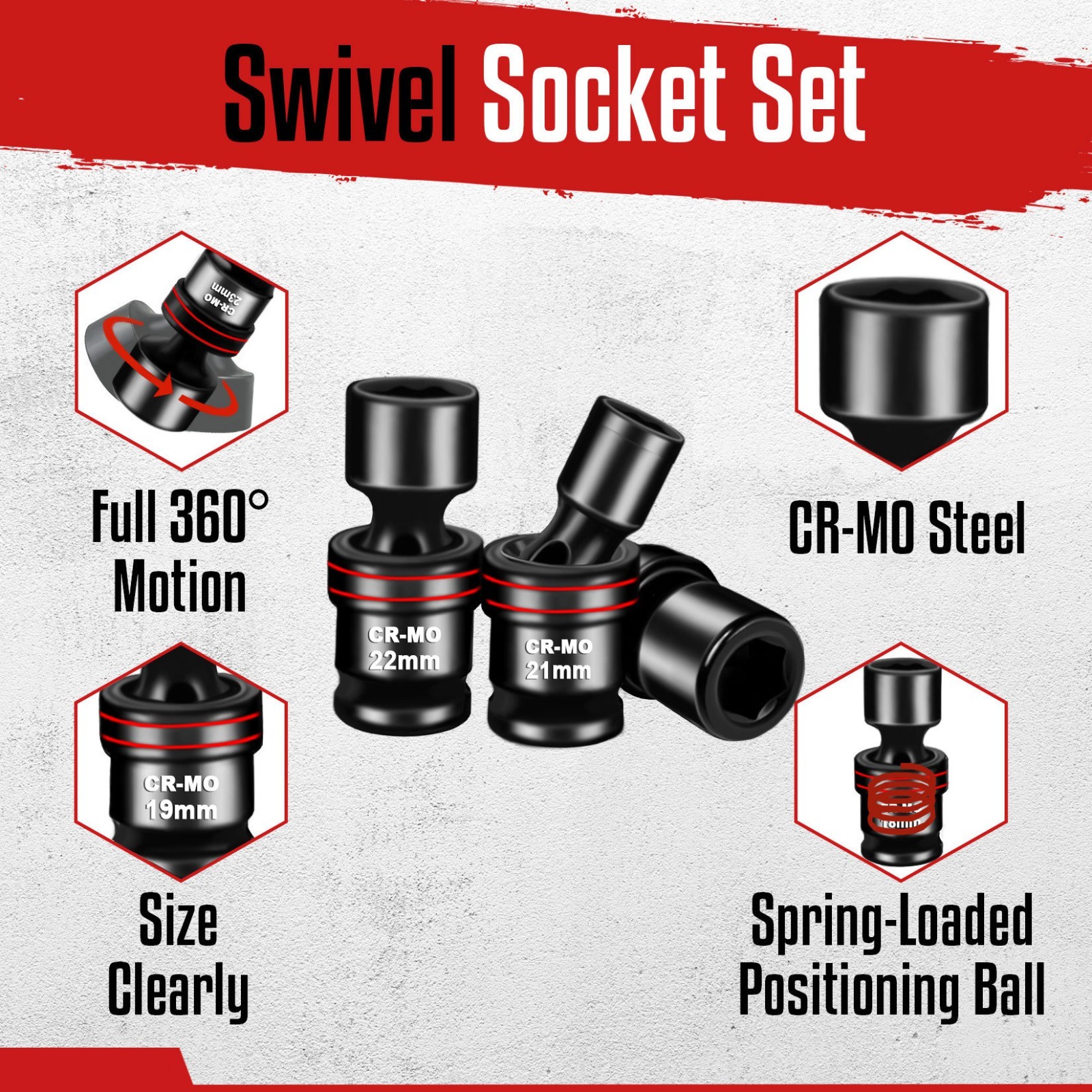 18-Piece 1/2" Drive Shallow Impact Universal Joint Metric Swivel Socket Set