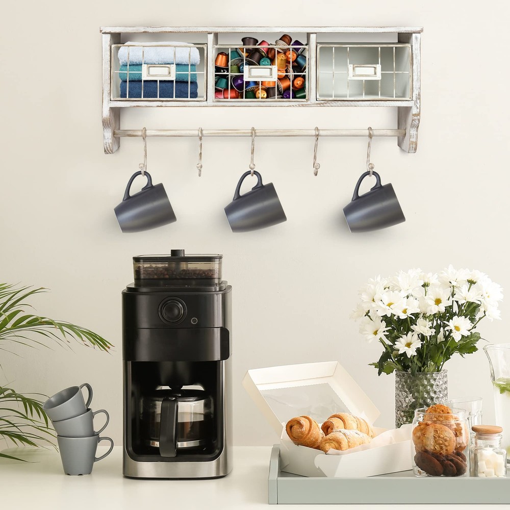 Rustic Whitewashed Solid Wood Entryway Wall Shelf 24" Coat Hooks Baskets