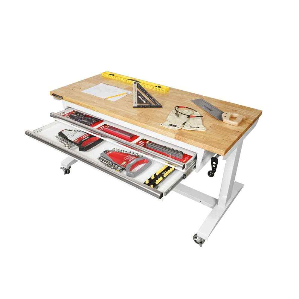 Husky Adjustable Height Workbench Table 52" Solid Wood Top 2-Drawer Steel Frame