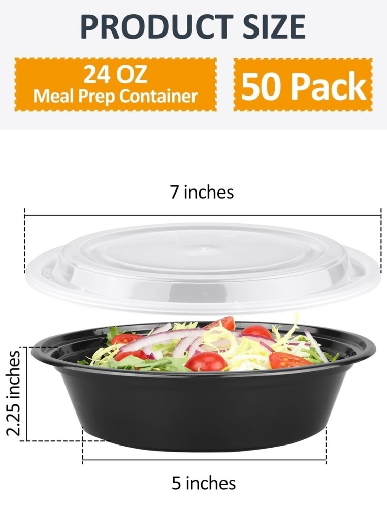 50 Sets 24oz Meal Prep Container - Reusable Plastic Food Storage Containers with