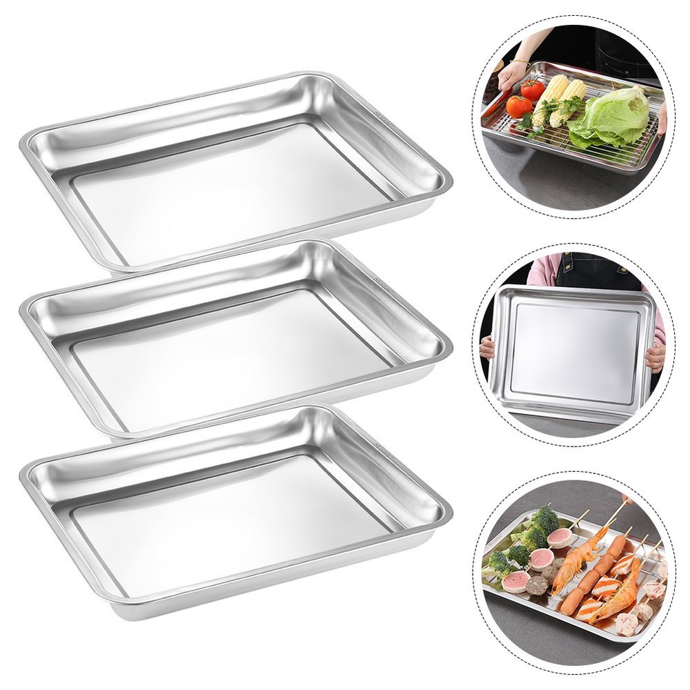 3pcs Oven Pan Stainless Steel Rectangular Heavy Duty Deep Edged Tray
