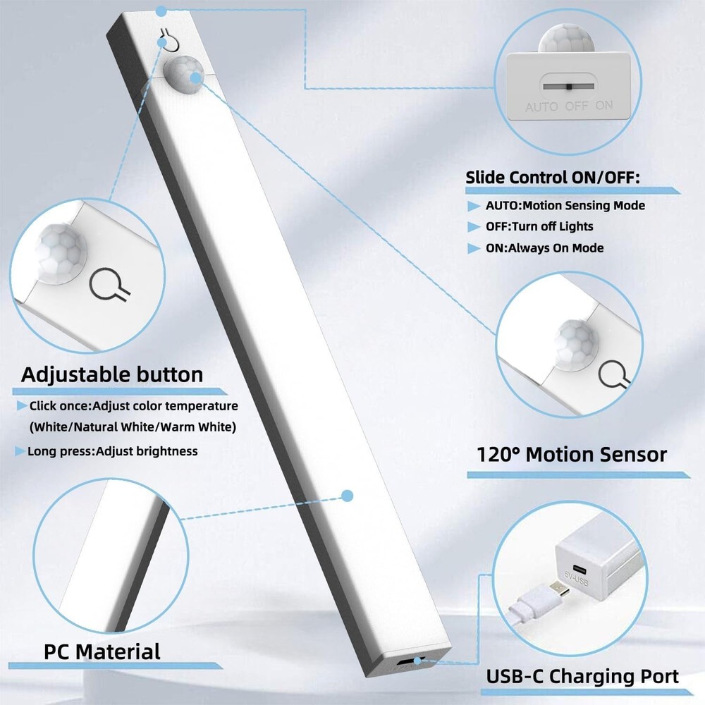 Rechargeable Motion Sensor Under Cabinet LED Lights, Dimmable, 6-Pack