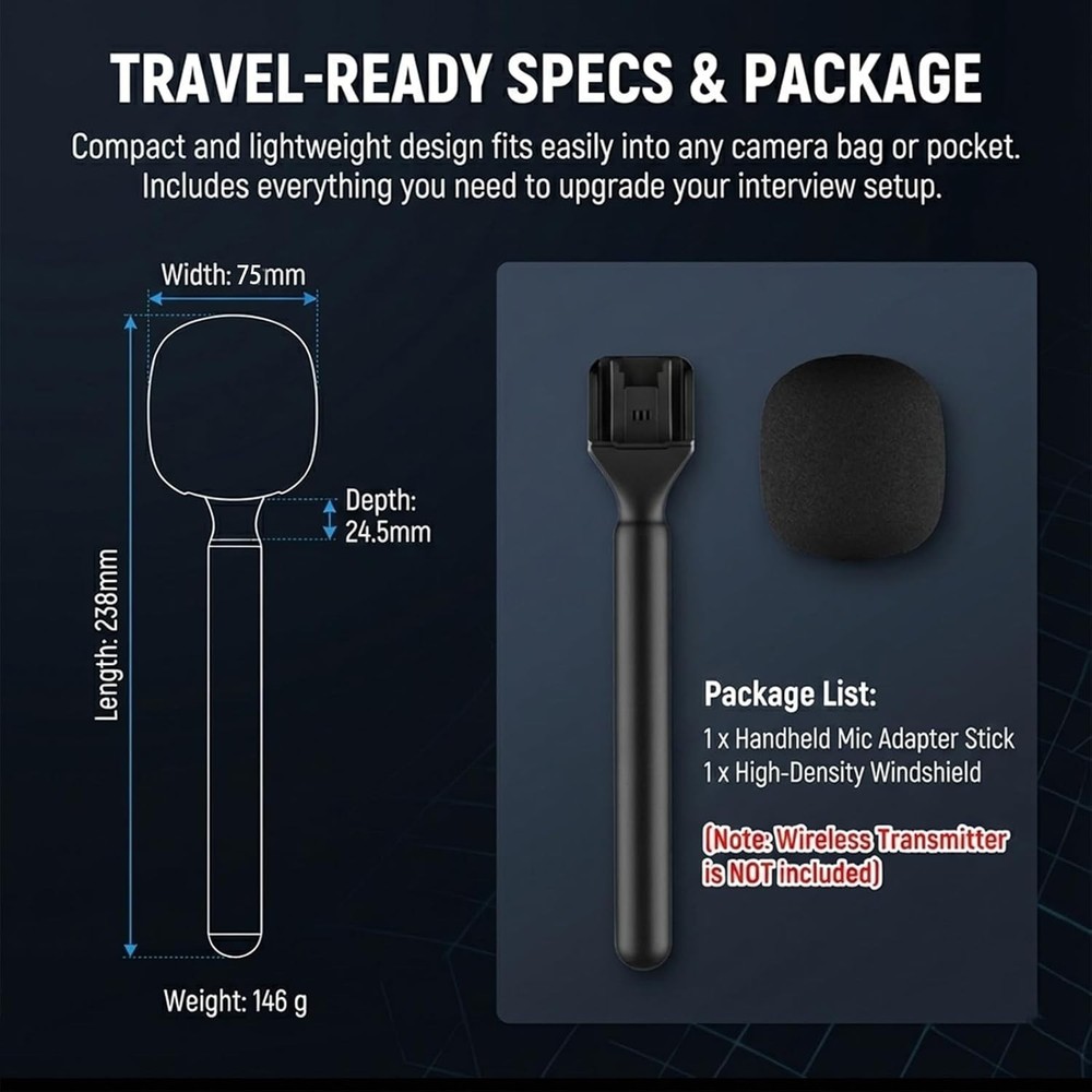 Wireless Microphone Handheld Adapter Stick - Interview Handle Mount for DJI Mic