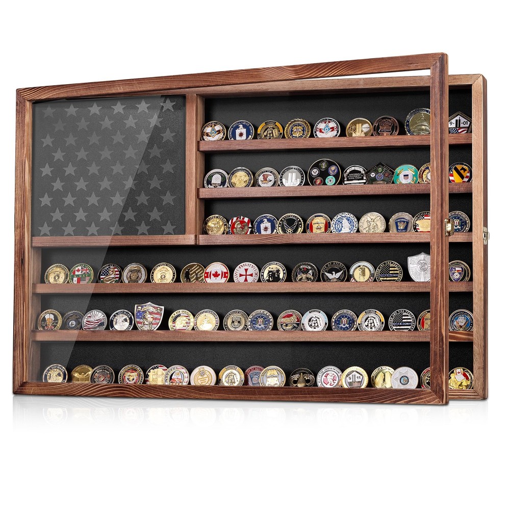 MOCAS Challenge Coin Display Case Lockable Solid Wood Wall Mount Holder Removabl