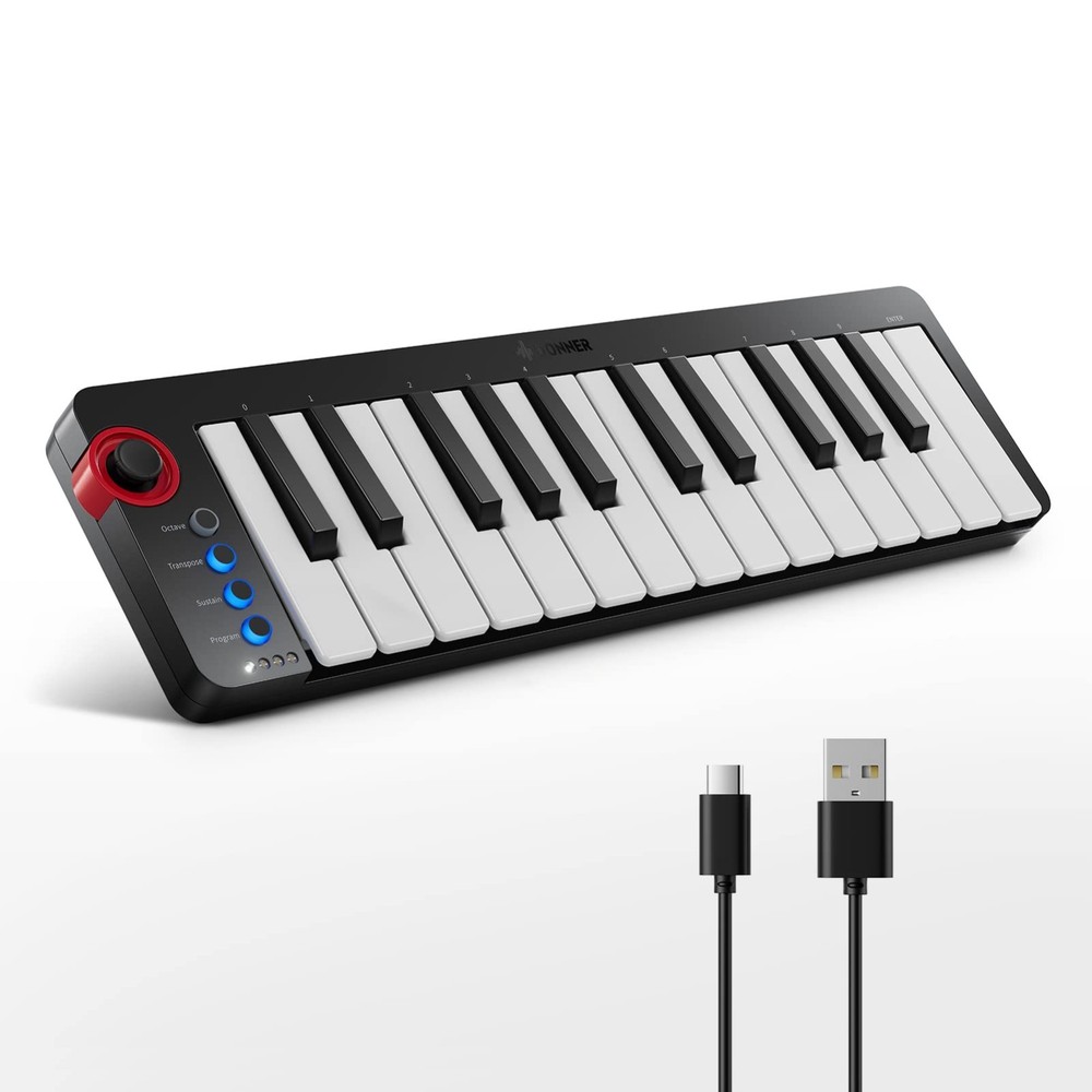 25-Key Mini MIDI Keyboard Controller for Beginners - Velocity-Sensitive Keys, Li