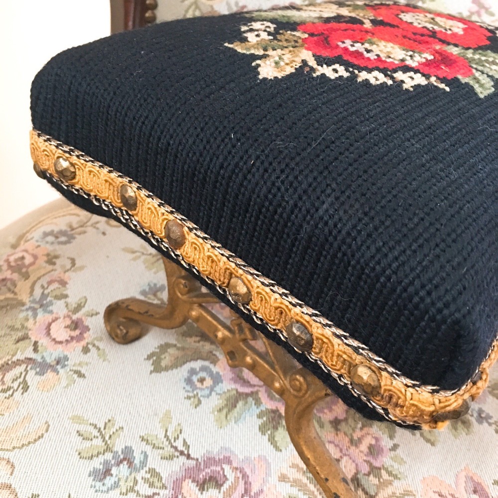 Antique Needlepoint Rectangular Foot Stool w/ Metal Feet