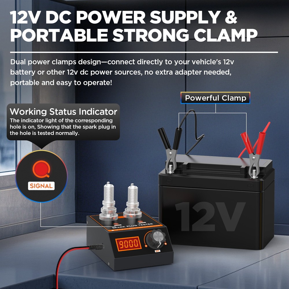 Spark Plug Tester 12V Gasoline Ignition Analyzer Adjustable Double Hole Detector