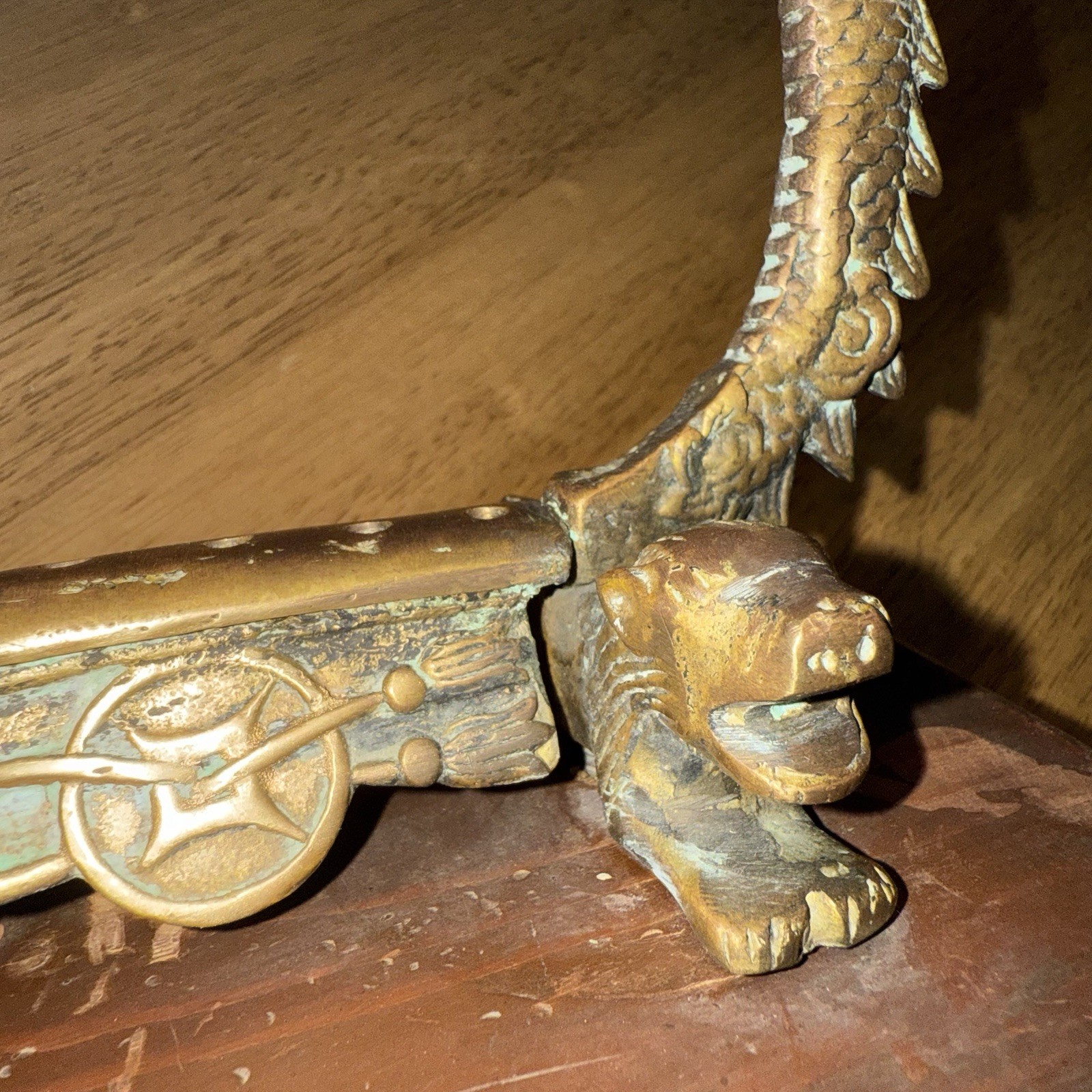 Vtg Chinese Metal Dragon Incense Burner Stand Wood Base Ornate Mythical Motif