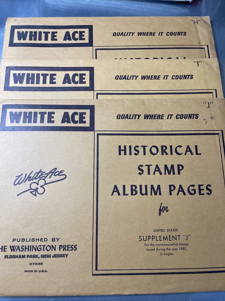 3x WHITE ACE Historical Stamp Album Pages ( H , I & J ). SB#00021
