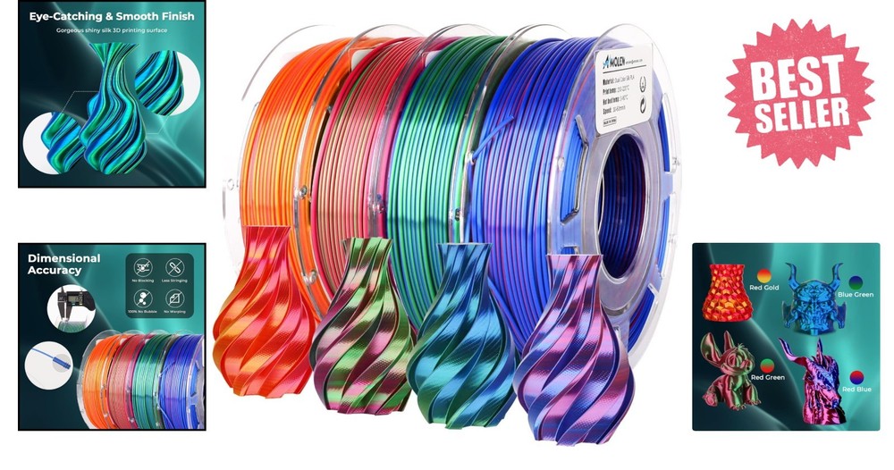 Precision Silk PLA Dual Color Filament Pack - 4 Spools for Creative 3D Projects