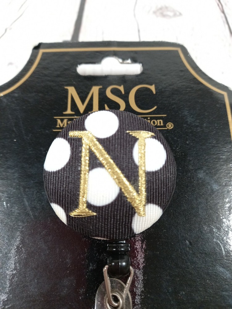 Polka Dot ID Badge Retractable Holder Personalized Initial "N" Black White Gold