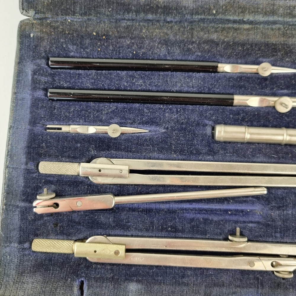Vintage Cased B.W.C. Drawing Set Various Compasses Etc.