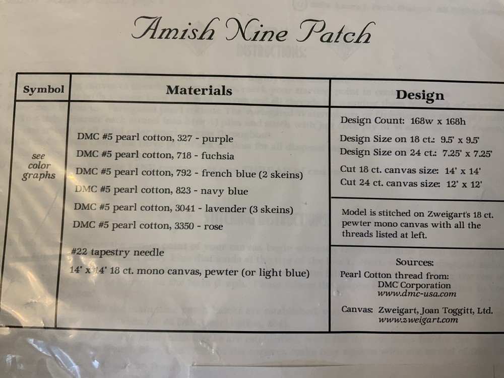Laura J. Perin Designs Needlepoint Chart “Amish Nine Patch”