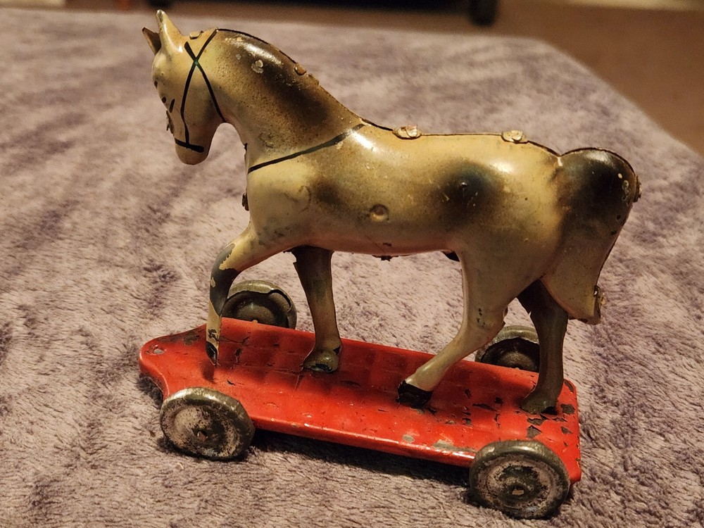 Old Early Tin Penny Toy Platform Horse Pull Toy