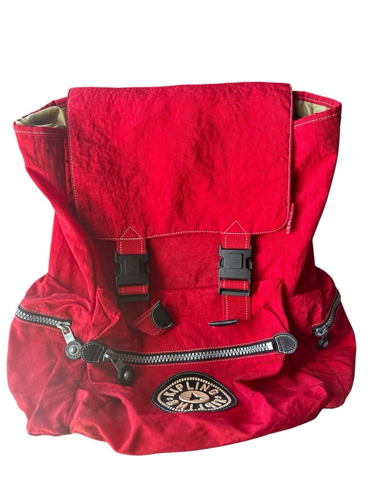 VTG 90’s Kipling Red Nylon Backpack Large Flap Buckle Drawstring Padded Back