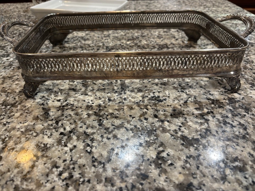 Vintage Silver Plated Footed Casserole Dish Holder 13x8.5 Inches With Handles