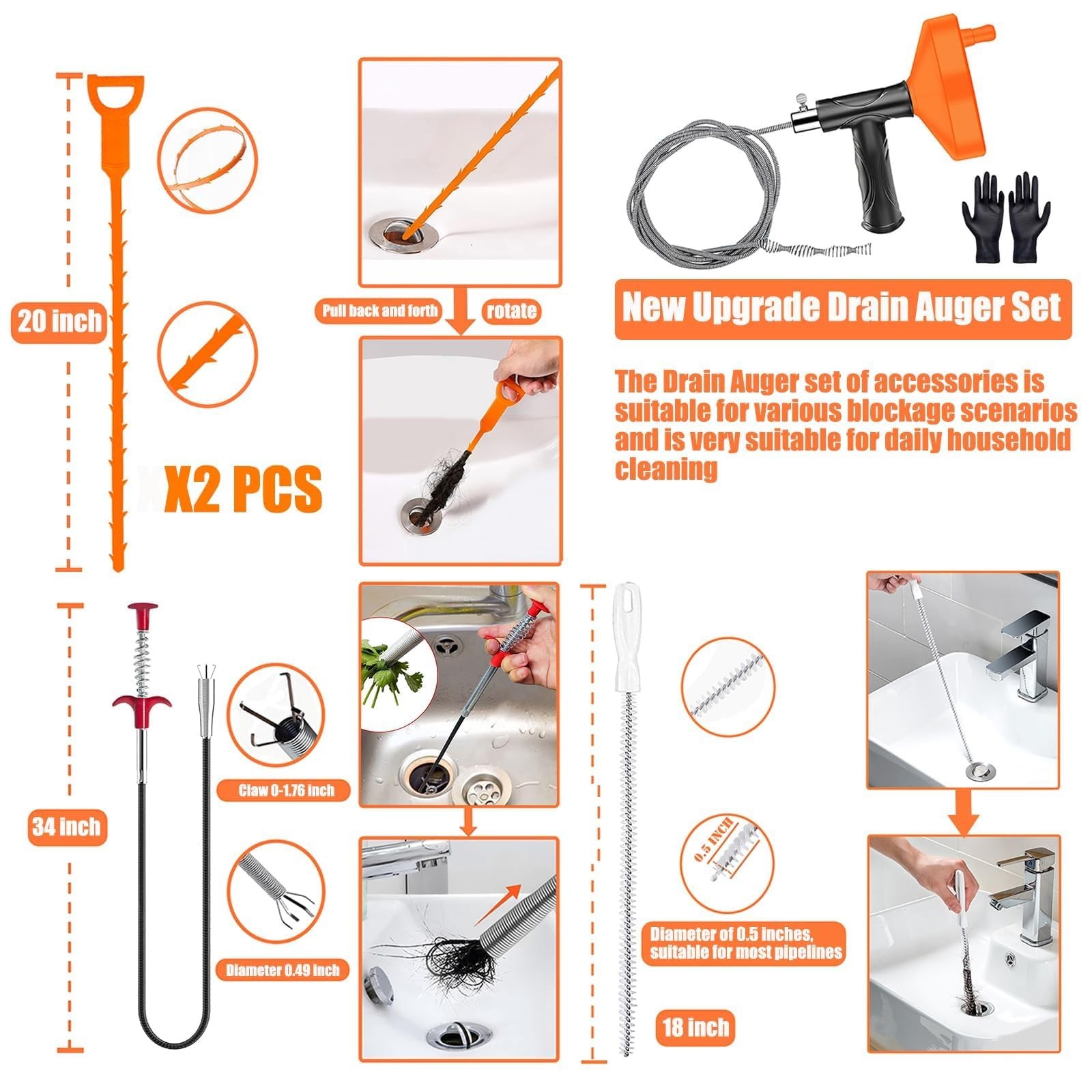 33ft Drain Auger Plumbing Snake - Heavy Duty Clog Remover for Toilet Sink Bath