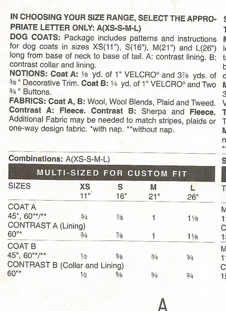5126 See & Sew Sewing Pattern Extra Small Dog Coats
