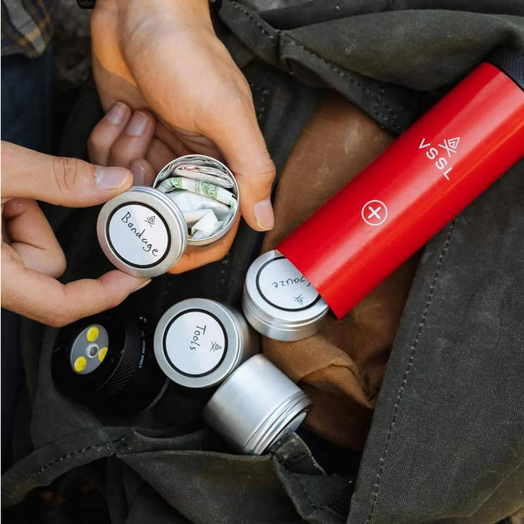 VSSL First Aid Stash w/ Light and Compass Integrated LED 4 various sized storage
