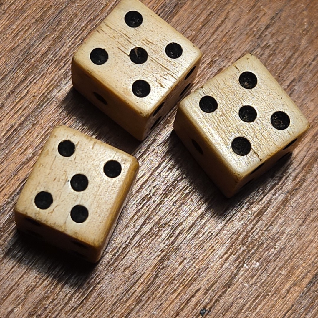 1765 Stamp Act taxed cattle bovine dice with black pips 3 Dice Vintage Hand Cut