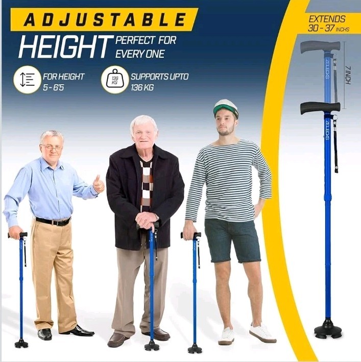 🩼 Zelecks Folding Cane 360° Pivot Base Adjustable Self-Standing Blue