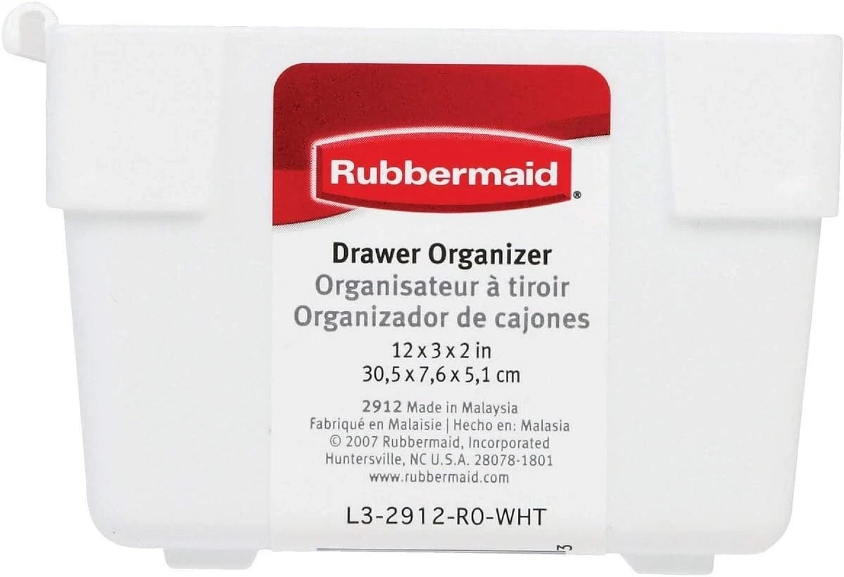 Rubbermaid 2912 Drawer Organizer 12x3x2 White Plastic Rectangular Tray Bins New