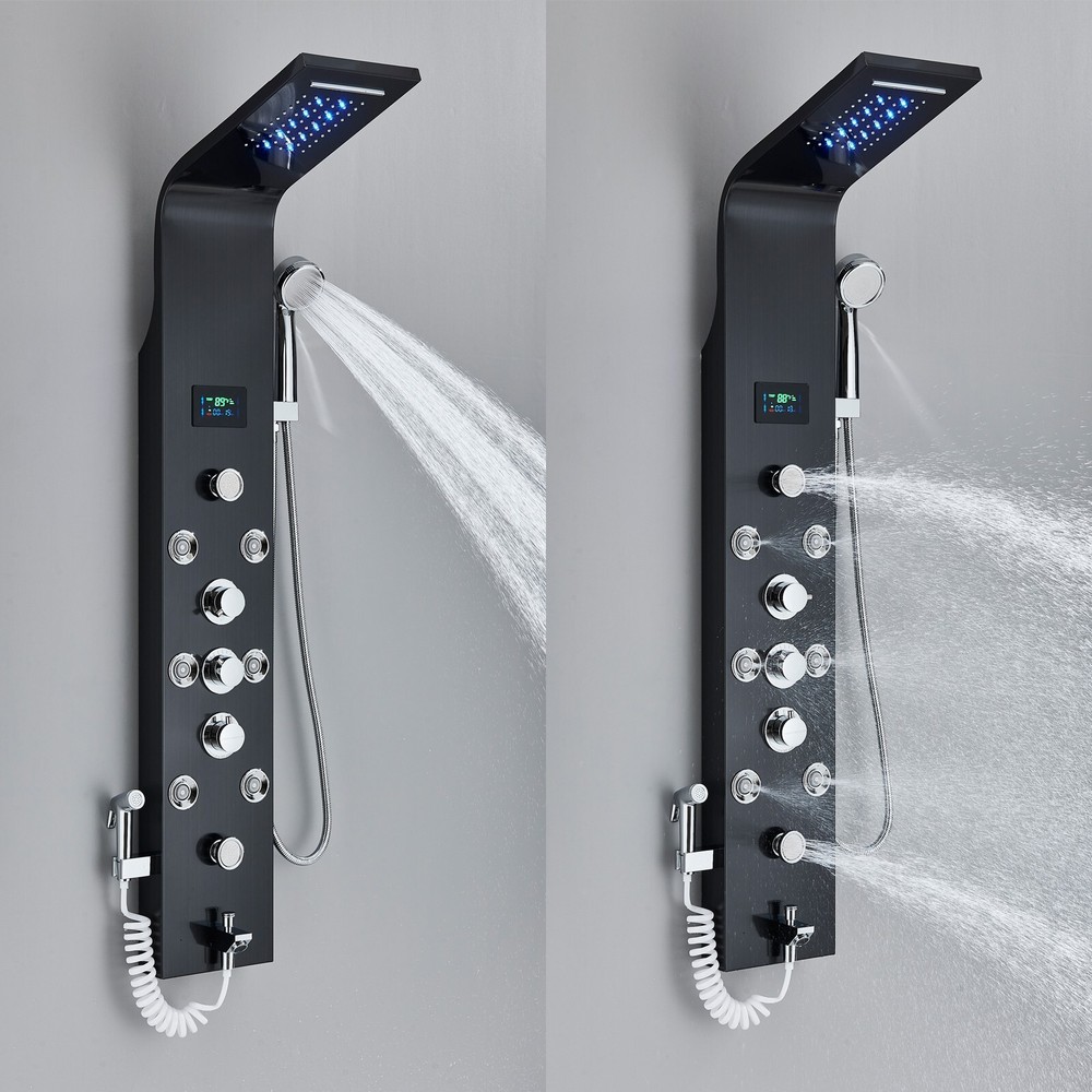 Black Shower Panel Tower System LED Rain&Waterfall Shower Head w/Handheld Shower