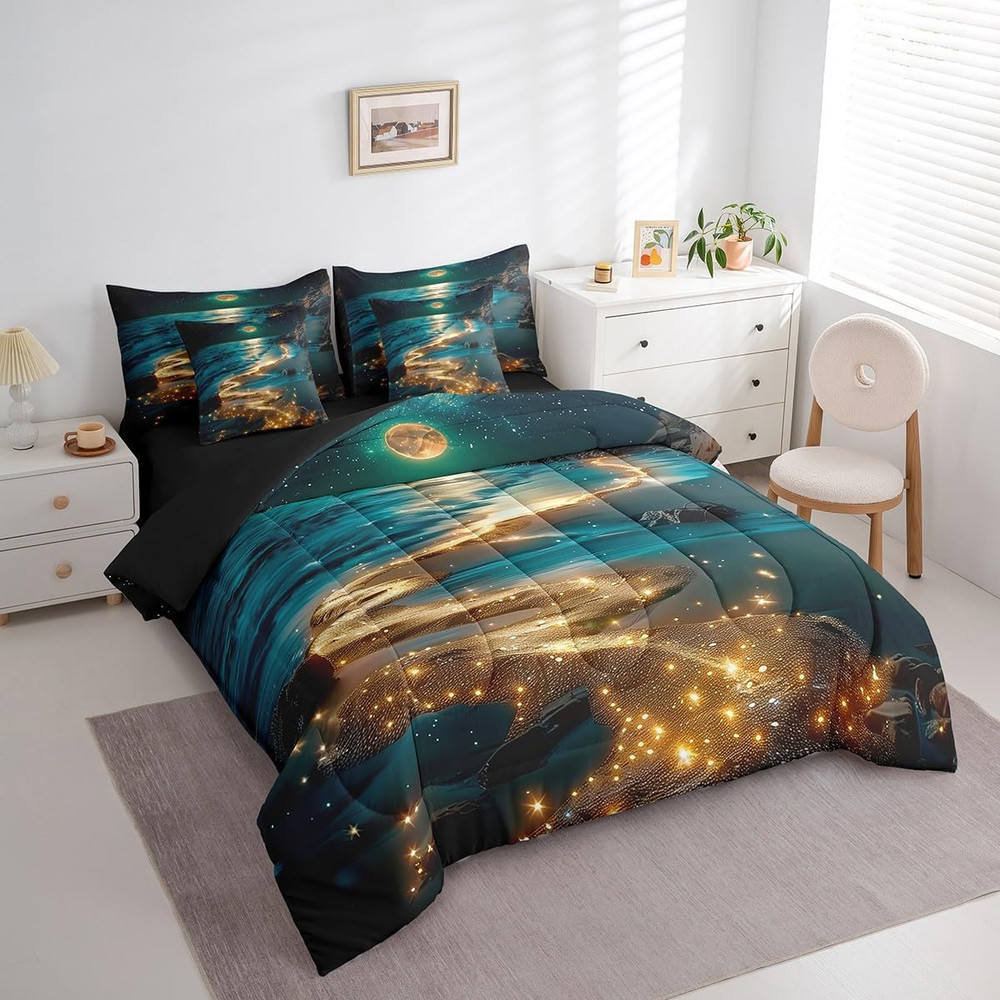 Moonlight Beach Comforter Set 7 Pieces Queen Size Seaside Moon Bedding Set for B