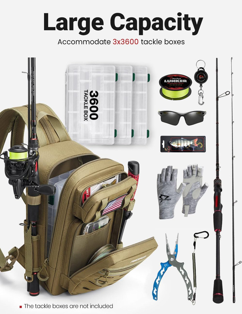 Fishing Backpack Tackle Bag with 2 Rod Holders, Multi-Compartment Storage, MOLLE