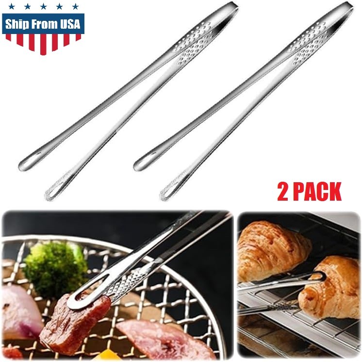 2× Stainless Steel Grill Tongs Cooking BBQ Steak Clamp Pastry Kitchen Tweezers